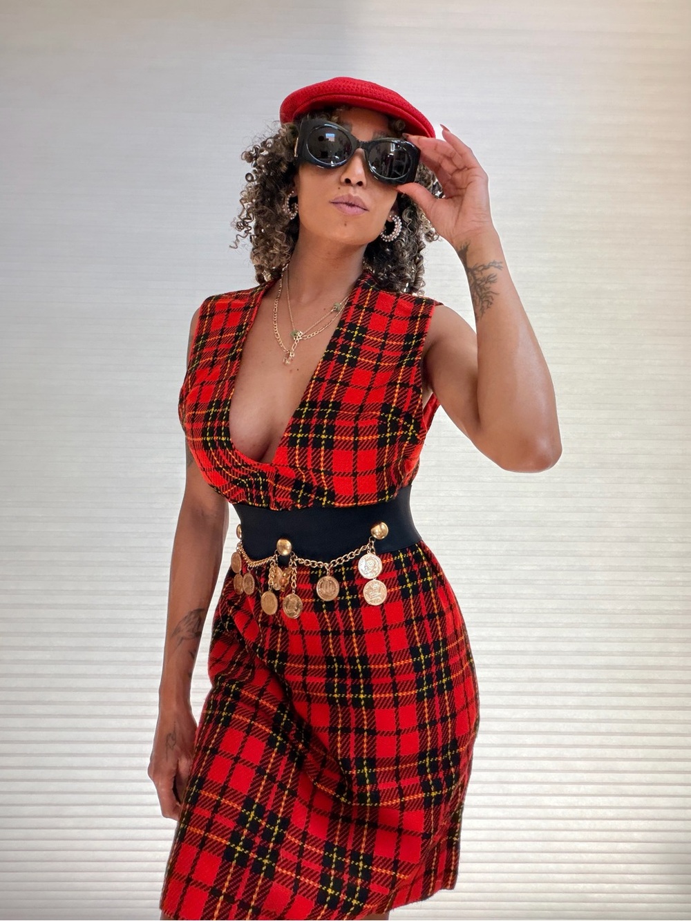 Vintage Sears Red Tartan Plaid Jumper Dress | 70s Mod A-Line Sleeveless Dress